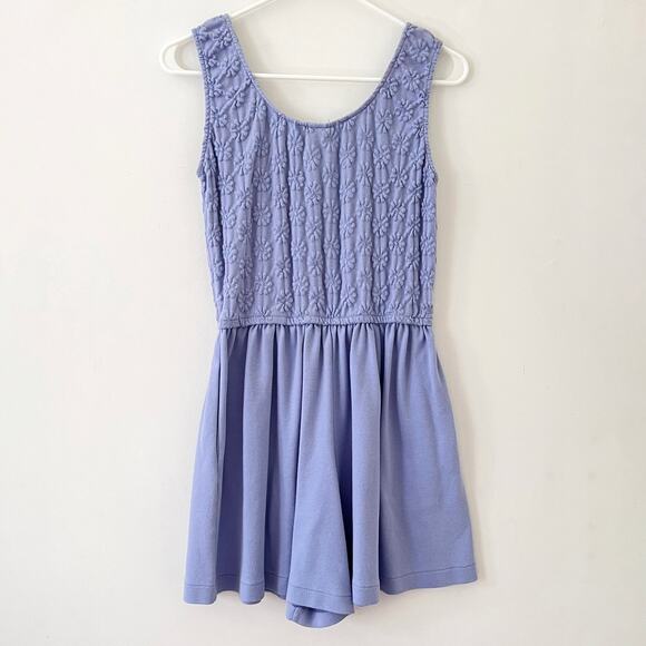 Vintage 80s 90s Periwinkle Sleeveless Romper Floral Embroidery + Pockets / S M - Picture 9 of 10